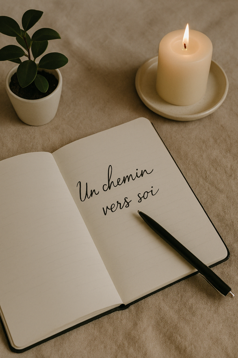 Carnet ouvert avec une bougie et une plante, ambiance apaisante propice à l’introspection